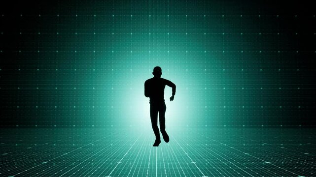 3d animaiton of running silhouette of man person on holographic floor. Modern intro with zooming to black