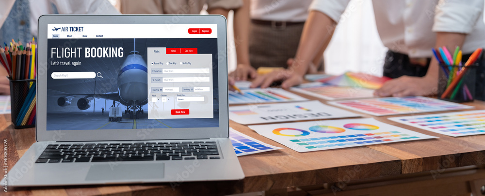 Aufkleber online flight booking website provide brisk reservation system . travel technology concept .