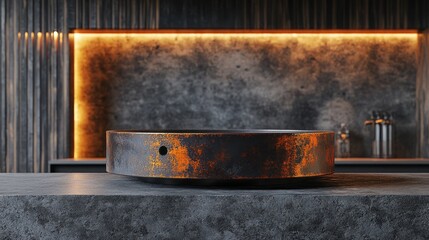 Rusty metal bowl on concrete countertop, modern interior