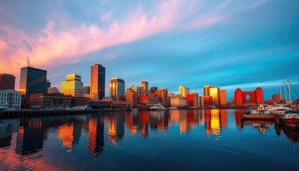 Fototapeta premium Golden hour sunset paints Boston's skyline, mirrored in calm harbor waters, reflection, panorama
