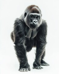 Obraz premium Majestic gorilla portrait on white background showcasing strength and intelligence in a captivating wildlife shot with a low angle perspective