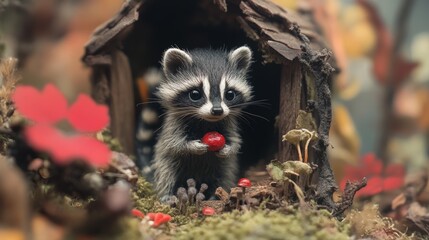 Adorable baby raccoon holding red berry in forest setting. Diorama.