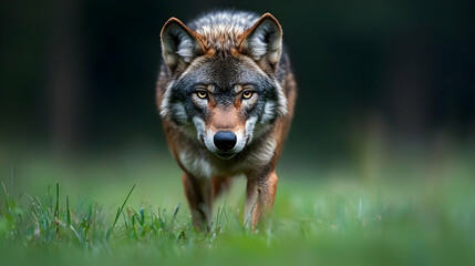 Fototapeta premium Gray And Brown Wolf Portrait In Grassy Field
