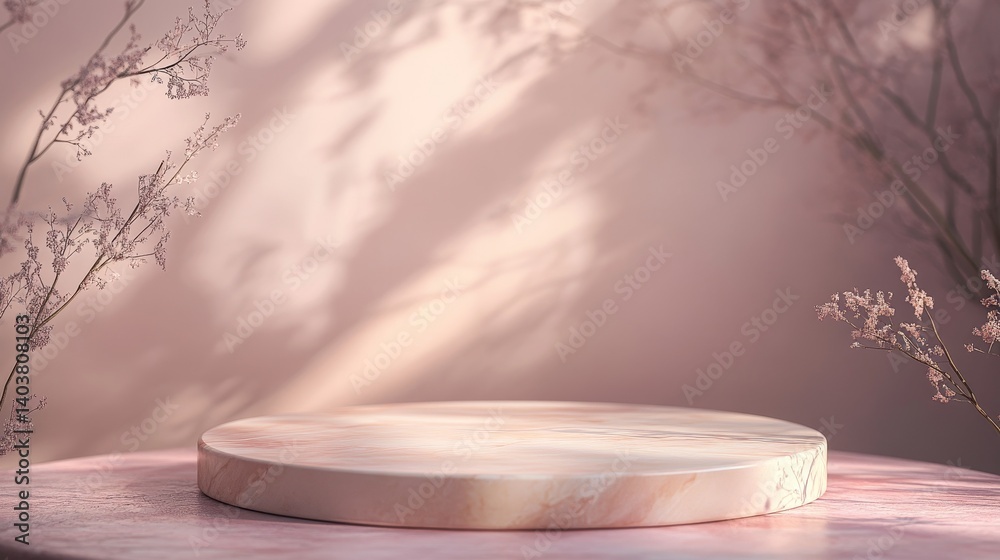 Poster circular podium rests on a textured surface surrounded by soft blurred background and delicate branc