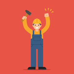 Obraz premium Happy construction worker celebrating success in flat vector art style vector illustration
