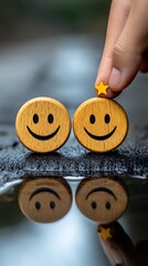 Hand placing star on happy faces, puddle reflection