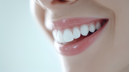 Obraz premium Radiant Smile: A close-up portrait of a woman's radiant smile, showcasing healthy, pearly white teeth and glossy lips. It conveys a sense of confidence, happiness, and well-being.