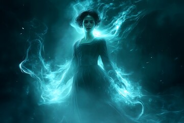 Naklejka premium A ghostly apparition of a woman emerges from swirling mist, ethereal and mysterious, with soft glowing edges and translucent features.