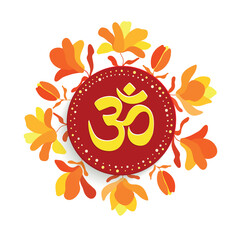 Indian sacred sound Om or Aum. Symbol of the divine triad of Brahma, Vishnu and Shiva. Sign of an ancient mantra. Floral frame. Magnolia, red tulip on a white
