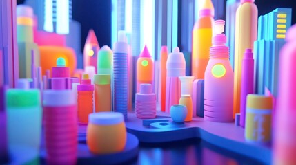 Fototapeta premium Colorful 3D rendered cityscape of bottles and containers, futuristic and playful design.