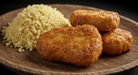 Crispy Fried Nuggets with Couscous - Golden-brown fried nuggets served alongside a fluffy couscous mound. Represents comfort food, satisfying meal, tasty snack, quick dinner, and delicious texture