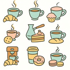 Obraz premium Set of flat pastel food icons with coffee cups, desserts, croissants, donuts, cookies and coffee machine. Minimalist design on white background with warm, soft colors and black outlines.