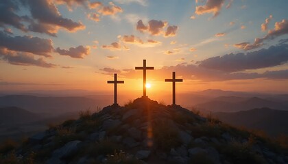 Three Crosses Silhouette on Hill Top at Sunset with Sunlight