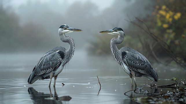 A pair of herons standing motionless in a foggy wetland
