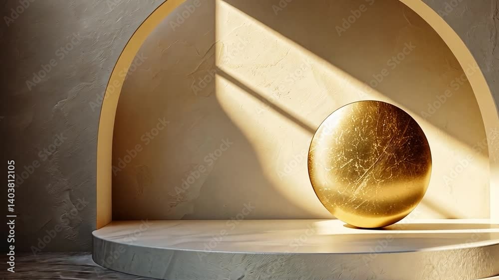 Poster A polished gold circle rests on a smooth, rounded surface in a stylish minimalist setting. Soft sunlight streams through, creating delicate shadows on the walls.