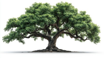 Lush, gnarled old tree with dense green leaves against a stark white background