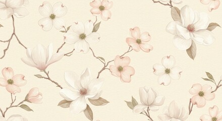 Delicate Spring Blossoms Pattern - Watercolor- floral design featuring magnolia and dogwood blossoms in soft peach and white hues on a creamy background. Perfect for spring-themed projects