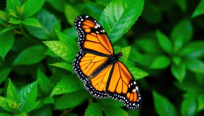 Naklejka premium A monarch butterfly, wings outstretched, rests on lush green leaves in a tranquil natural setting, close-up, colorful