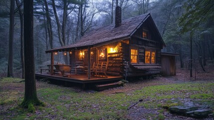 Obraz premium A Cozy Wooden Cabin Nestled Deep Within A Beautiful Forest Setting