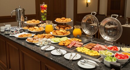 Naklejka premium Delicious Hotel Breakfast Buffet - A lavish hotel breakfast buffet spread with pastries, fruit, meats, eggs, and other breakfast items