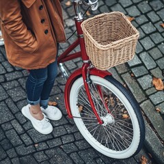 Woman in a Red Coat Rides a Vintage Bicycle With a Wicker Basket on a Cobblestone Street During a Cloudy Day