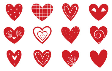 Set of Doodle Red Hearts Vector Illustration Isolated on White Background.