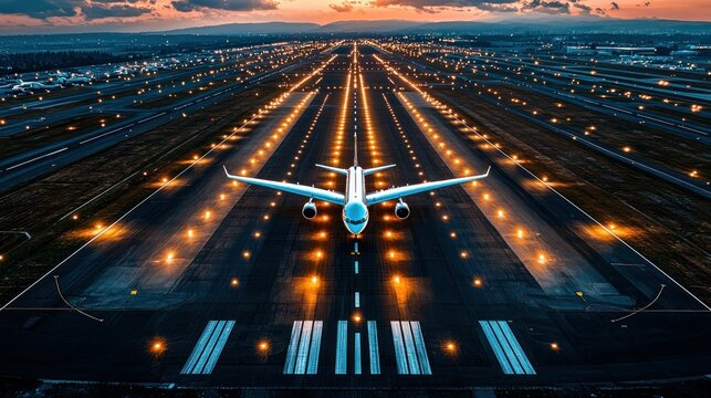 Airplane Landing at Night: A Stunning Aerial View of an Airport Runway