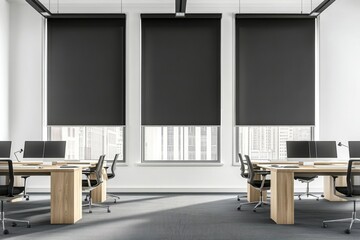 Modern open-plan office space with black roller blinds and light wooden furniture.  Windows offer city views