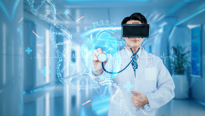 Doctor holding stethoscope while checking human pulse hologram and looking at human organ part while wearing augmented reality technology and standing at corridor with blurred background. Ingenuity.