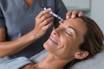Naklejka premium A relaxed patient lying on a table enjoying a Botox procedure, illustrating how cosmetic treatments can promote feelings of confidence and rejuvenation among women.