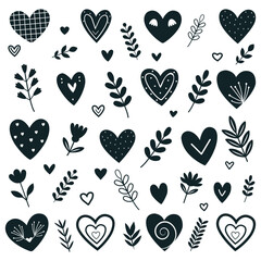 Set of Doodle Black and White Hearts Flowers and Sprigs Flat Design Isolated.