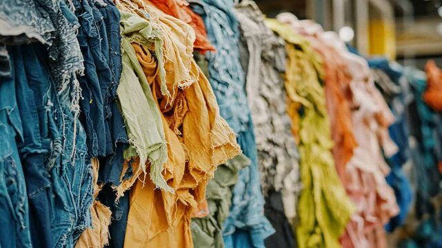 Colorful rags hanging, showcasing texture and variety of recycled fabrics