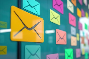 Several detailed clipart illustrations of key email functions like tagging, archiving, and sending, depicted in vivid colors.