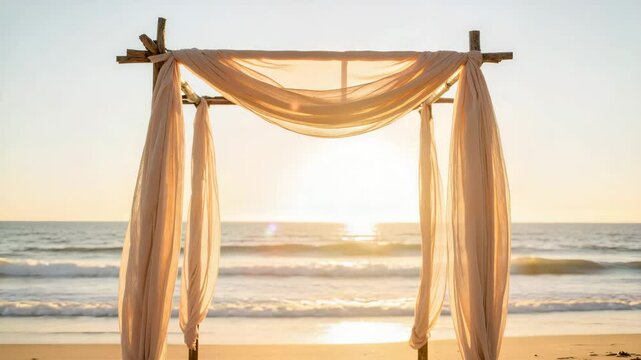 Beach wedding arch at sunset with flowing fabric  