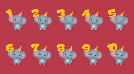 Obraz premium Cute elephant set with anniversary numbers from 1 to 10 vector illustration.