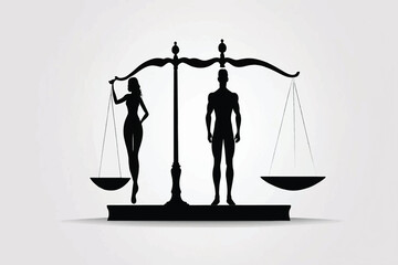 Silhouette of male and female figures balanced on scales symbolizing gender equality vector illustrations art on white background
