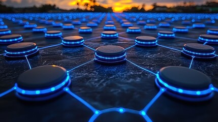 Fototapeta premium Futuristic Network: Interconnected Nodes at Sunset