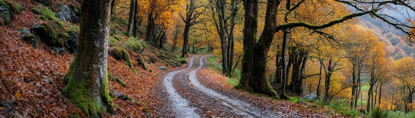 Naklejka premium A winding road through an autumnal forest with vibrant foliage and trees