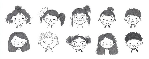 Children's emotion expression bundle set. Hand drawn, doodle illustration in black and white, ink style. Various character, diversity, multi-ethnic. Outline, linear, thin line