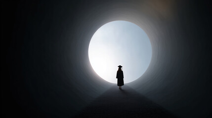 Graduate silhouette facing bright circular light at end of tunnel