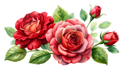 Vector flower set of red rose bouquets with flowers and leaves on a white background.
