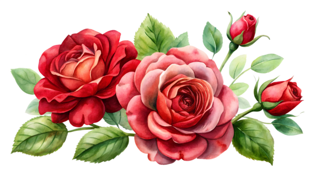Vector flower set of red rose bouquets with flowers and leaves on a white background.