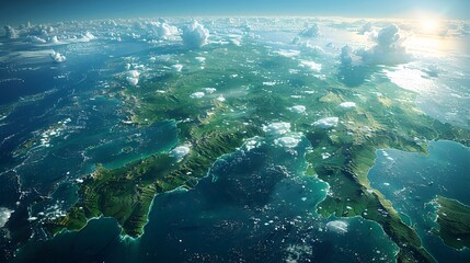 Aerial View of Earth Showing Land Mass and Ocean with Clouds