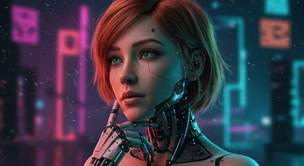Fototapeta premium Ethereal Cyborg: A Contemplative Portrait - A futuristic woman, part human, part machine, gazes thoughtfully. The symbolizes technological advancement, human evolution