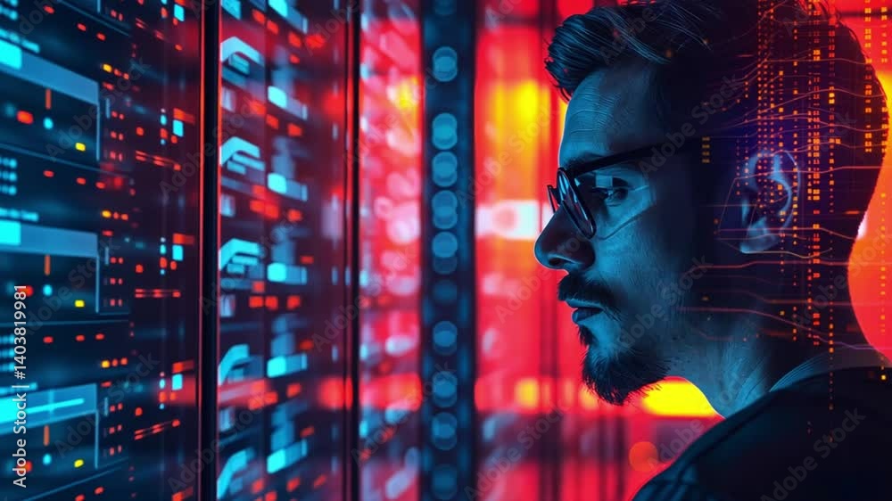 Aufkleber In a modern data center, a focused analyst observes server performance on glowing screens. The ambient lights highlight the ambient tech atmosphere late at night.