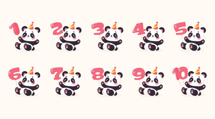 Cute Panda Set with Anniversary Numbers 1 to 10 Flat Vector Illustration.