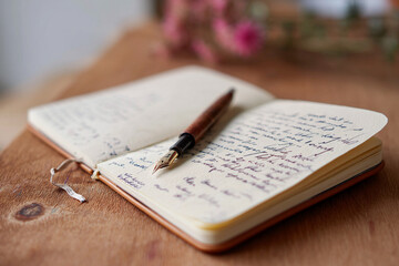 Handwritten notes in a journal with a fountain pen