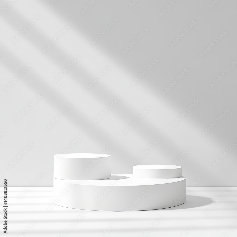 Poster white geometric shapes arranged on a minimalistic surface with soft shadows creating an elegant play