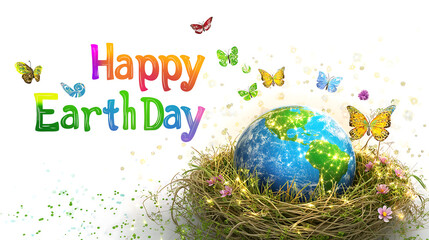 Happy earth day globe in nest with butterflies ecology illustration