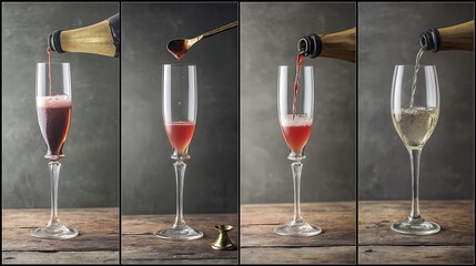 Sparkling wine pouring sequence into different glasses.